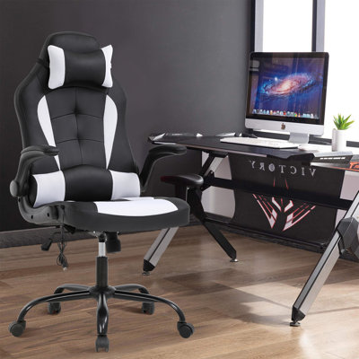Inbox Zero Adjustable Reclining Ergonomic Faux Leather Swiveling PC & Racing Game Chair in Black/White