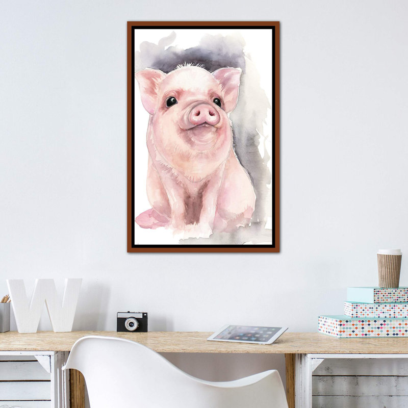 Décoration murale cochon pour enfants, Toile classique avec cadre brun, H 40 po x l 26 po x P 1,5 po