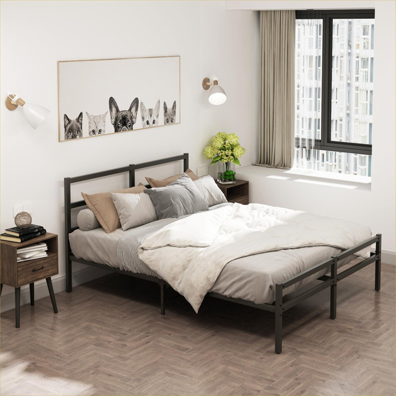 Structure de lit plateforme Modern Silhouette, construction en métal noir avec tête de lit, grand lit, aucun sommier nécessaire pour la chambre à coucher