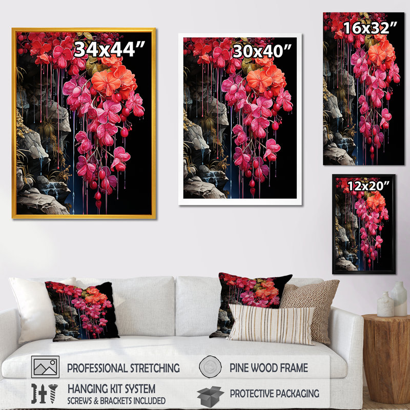 Jardin du Japon, fuchsia, art mural Fuschia, Cadre flottant noir, 44" H x 34" W