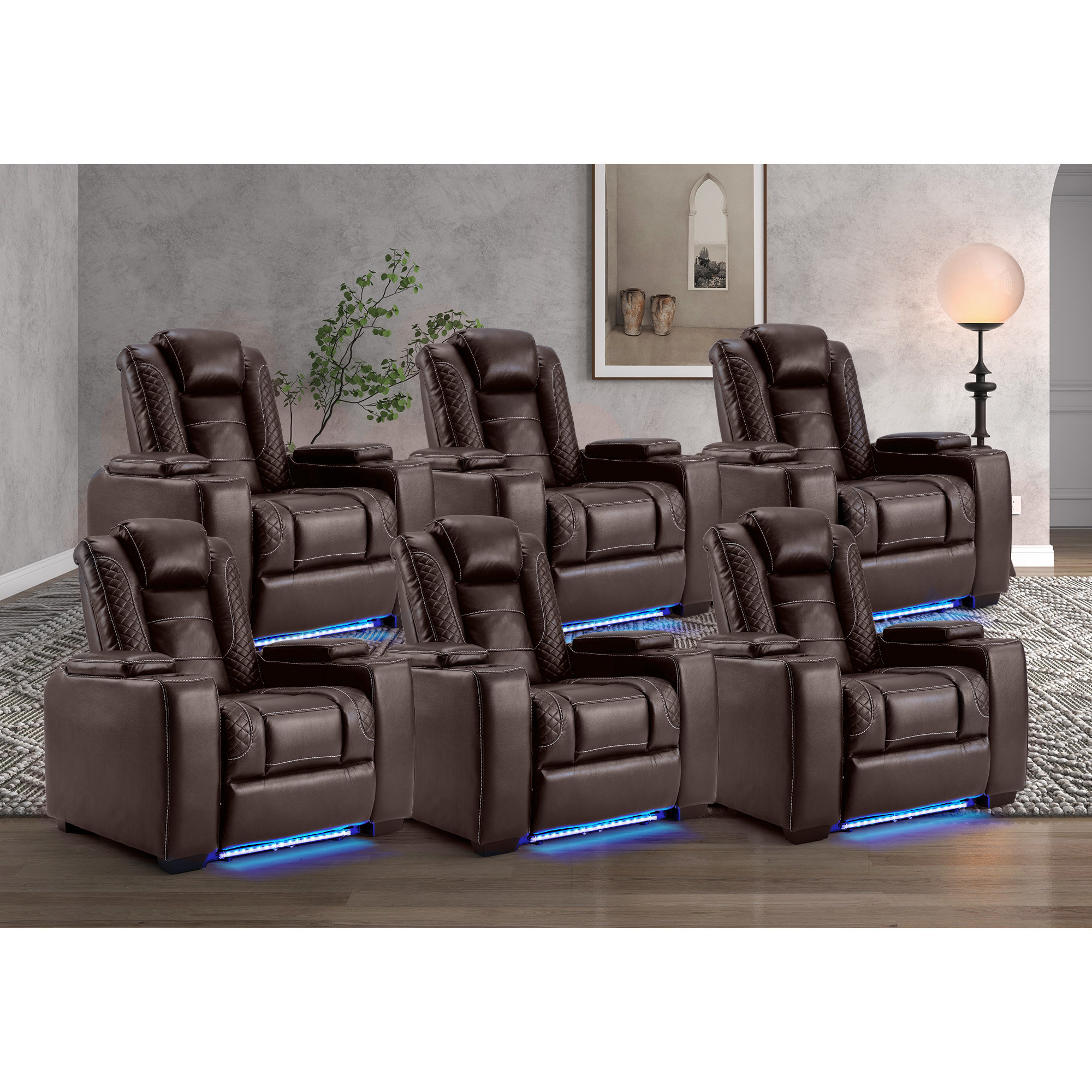 Valdur Adjustable Headrest Power Recliner Man Cave Home Theater Chair With  Cup Holders USB LED (Set Of 6)