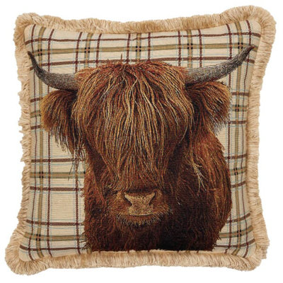 Highland Cow with Fringe Tapestry Cushion with Feather Filler 