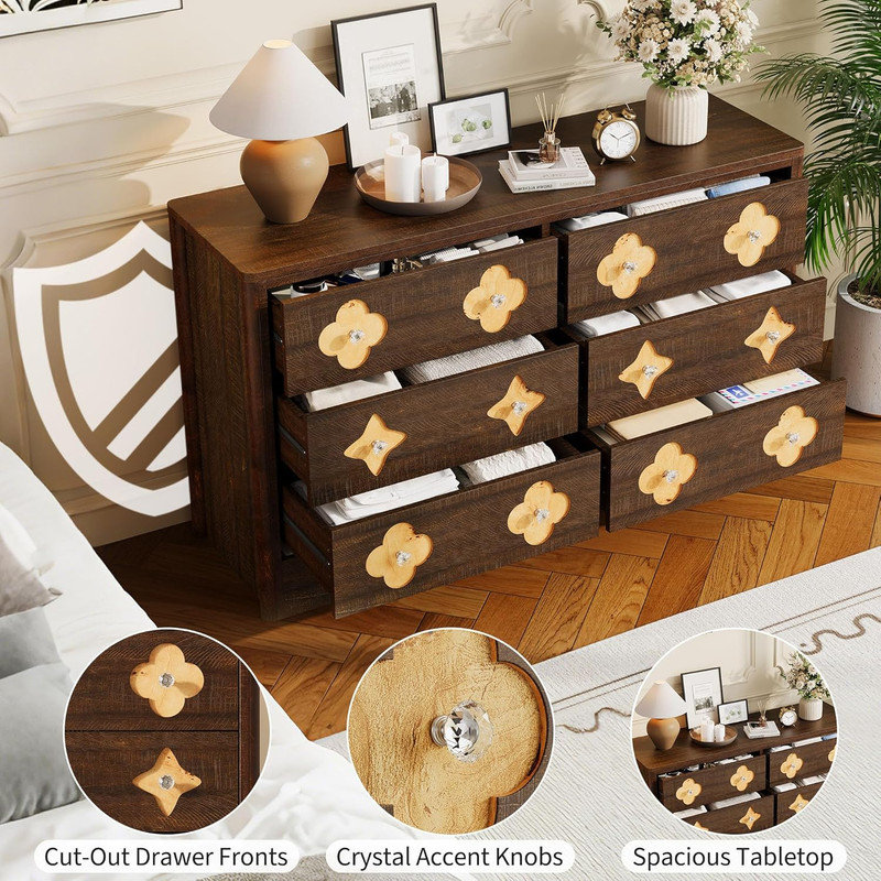 6/7 Drawer Boho Dresser, Wooden Chest with Decorative Front & Crystal Knobs for Bedroom, Brown