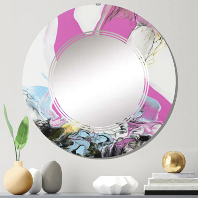 Rose rose, bleu et jaune liquide Art III - miroir mural rond moderne