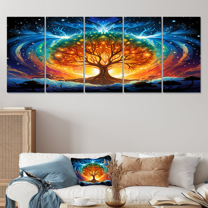 Arbre de vie bleu et orange - arbre, décoration murale 5 pièces, H 32 po x l 80 po