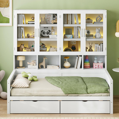 Lit de jour simple moderne avec rangement vitré et élément décoratif à DEL, rangement de lumières encastré gris