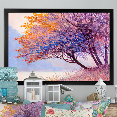Magnifique arbre mauve sur le lac - reproduction sur toile flottante