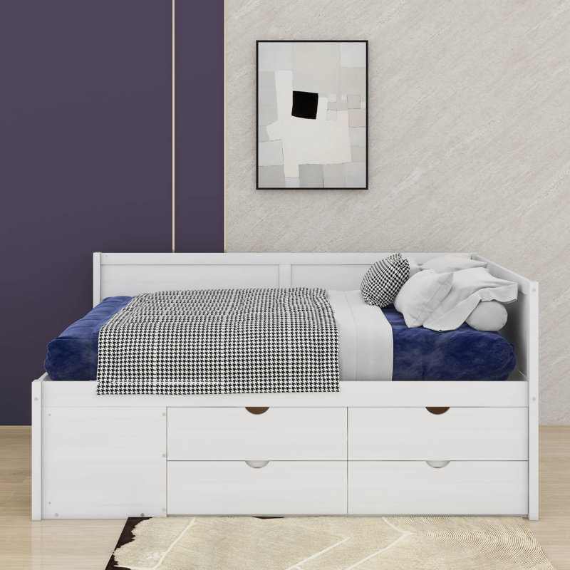 Lit de jour double avec tablettes et tiroirs, Blanc