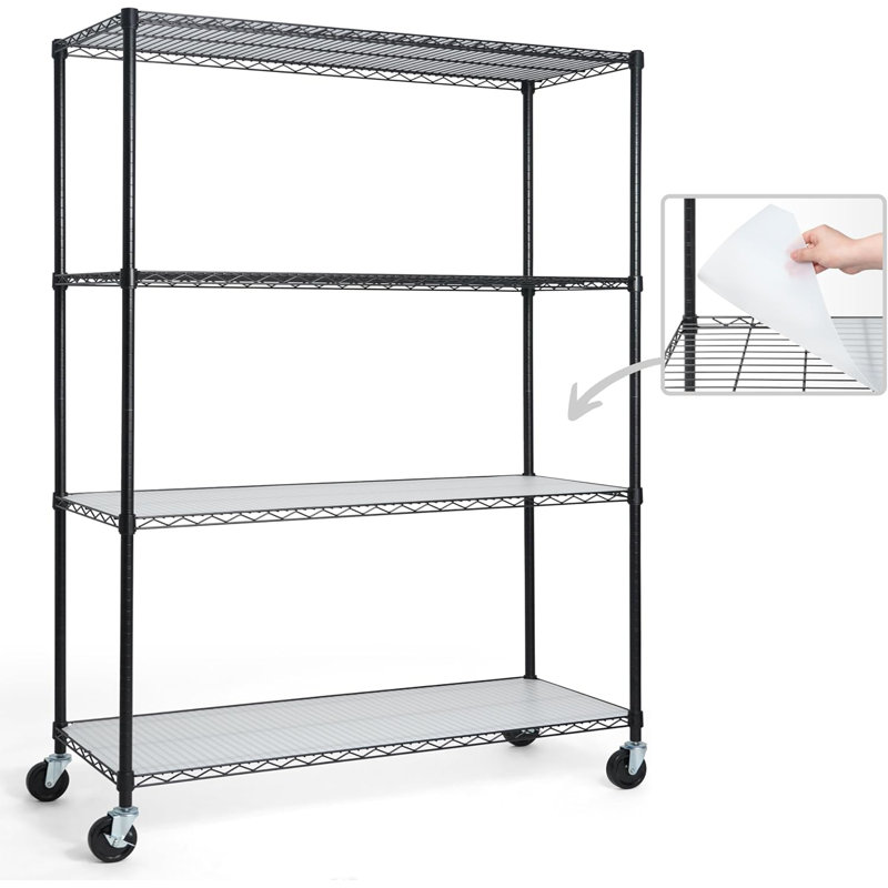 Étagère grillagée réglable à 4 niveaux CAPHAUS NSF avec roues, pieds de nivellement et doublure, 48 x 18 x 76, noir, Noir mat