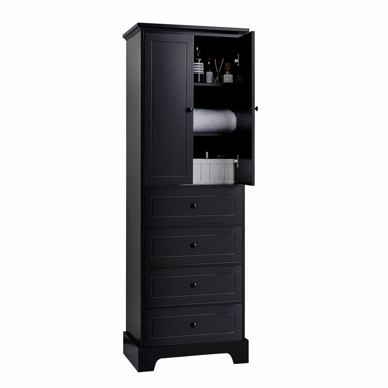 Armoire en bois, armoire de salle de bain, armoire de rangement avec tablette réglable et 4 tiroirs pour salle de bain, bureau