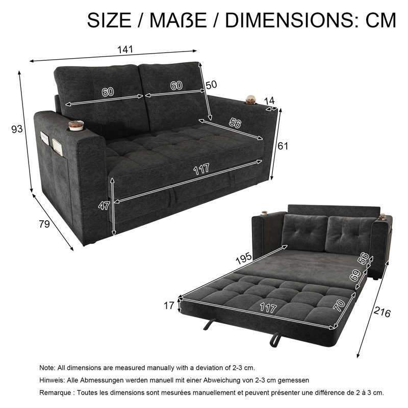 2 Seater Convertible Chenille Sofa Bed with Storage, Grey Chenille