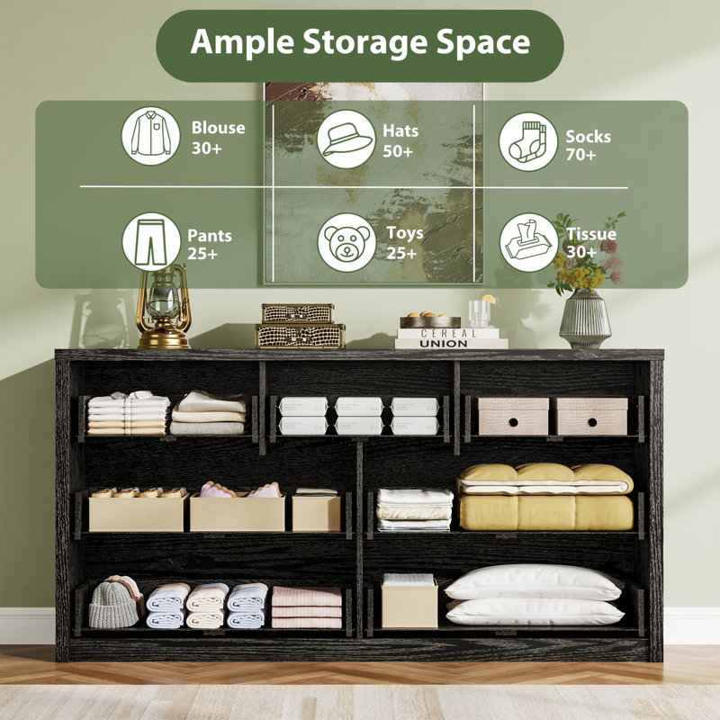 Grande commode à 7 tiroirs pour la chambre à coucher - Large commode en bois moderne - Grande armoire de rangement - Noir estampé