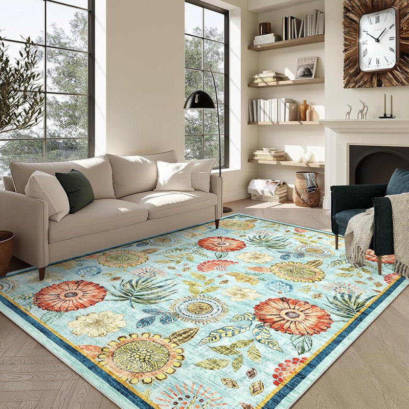 4x6 Vintage Botanical Print Area Rug, Washable Non-Slip Soft Carpet for Bedroom, Living Room, Office, Stain-Resistant