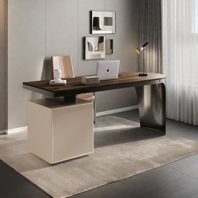 Modern Minimalist Luxury Wood Desk with Stainless