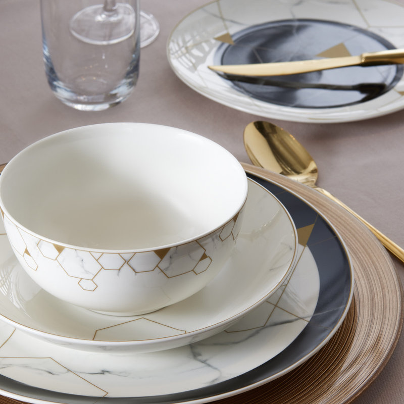 Karaca Gem 24-Piece Porcelain Dinner Set for 6 People, Black Gold White
