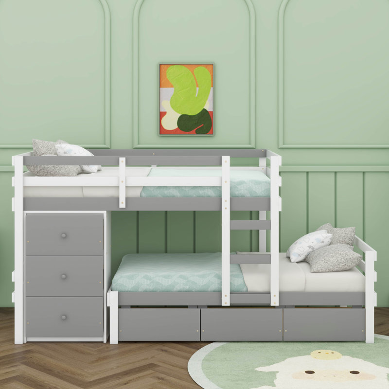 Lit superposé simple au-dessus de simple avec tiroirs intégrés et échelle robuste, Gris