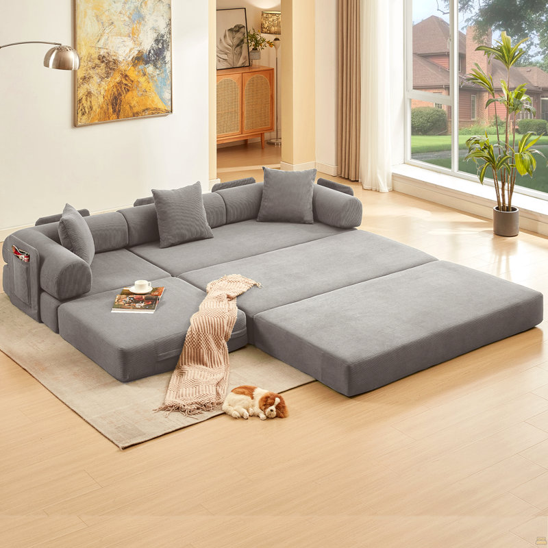 Canapé modulaire en velours côtelé 107 po en L 107 po, rembourré, sans assemblage, bricolage, canapé-lit pliable convertible en L, pochette latérale, 4 places, gris