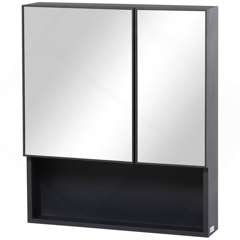 Armoire à pharmacie murale Kleankin, miroir de salle de bain avec portes doubles et tablettes de rangement, noir