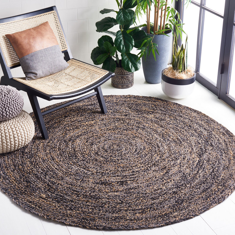 Jariell Natural Fiber Hand Loomed Wool/Jute Rug in Black/Natural, Round 6'