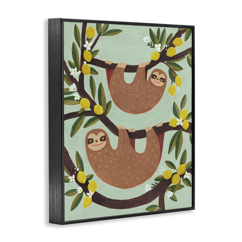  Sloths on Lemon Tree Branches Giclee Art by Irene Chan, 14'' H x 11'' W, Midnight Black Framed Giclee