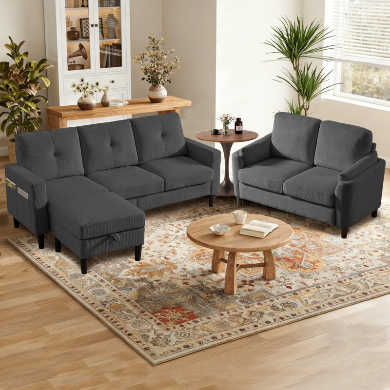 3 Pieces Living Room Sets, Dark Gray Polyester Blend
