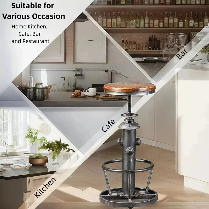 American Antique Steampunk Decor Vintage Industrial Bar Stool Retro Stylish Fire Hydrant Design Adjustable Swivel Cafe Coffee Pub Kitchen Counter Stools Round Bottom ( Wooden Top)
