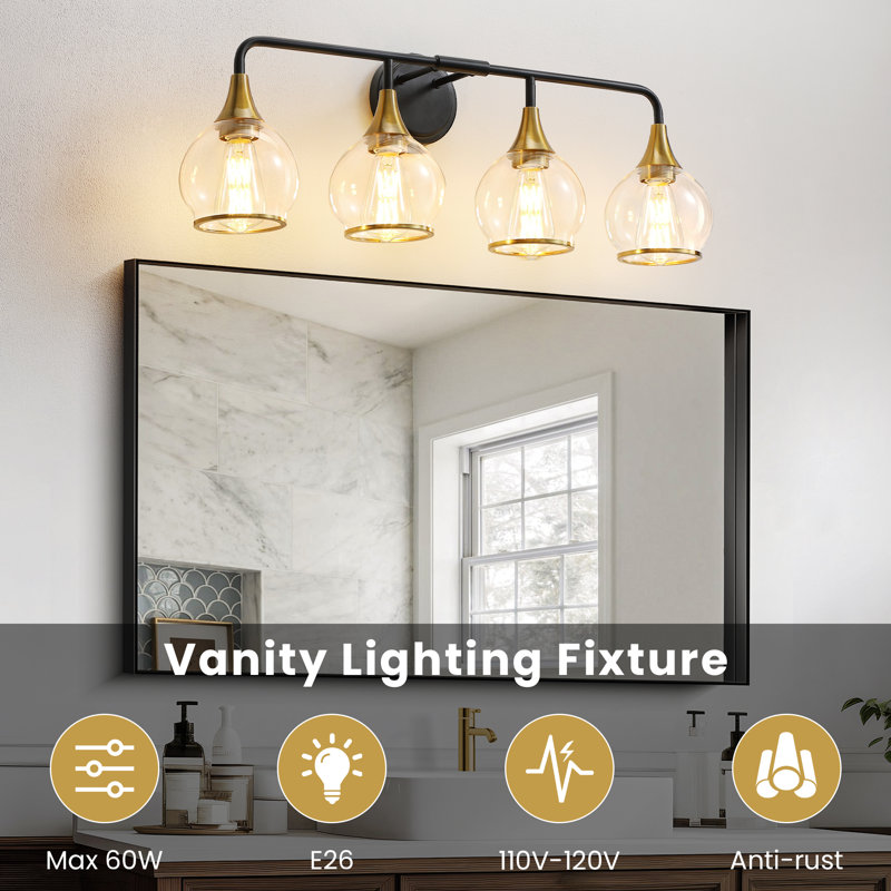 Lupe Bathroom Dimmable Vanity Light, Black/Gold, 4, Clear
