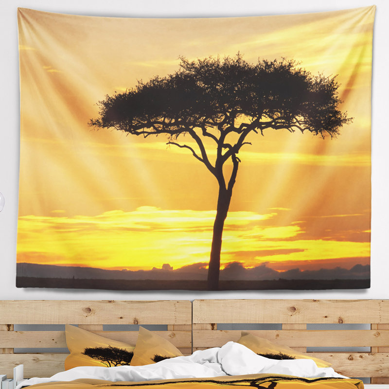 Magnifique coucher de soleil à travers une tapisserie d'arbre d'acacia, H 50 po x l 60 po