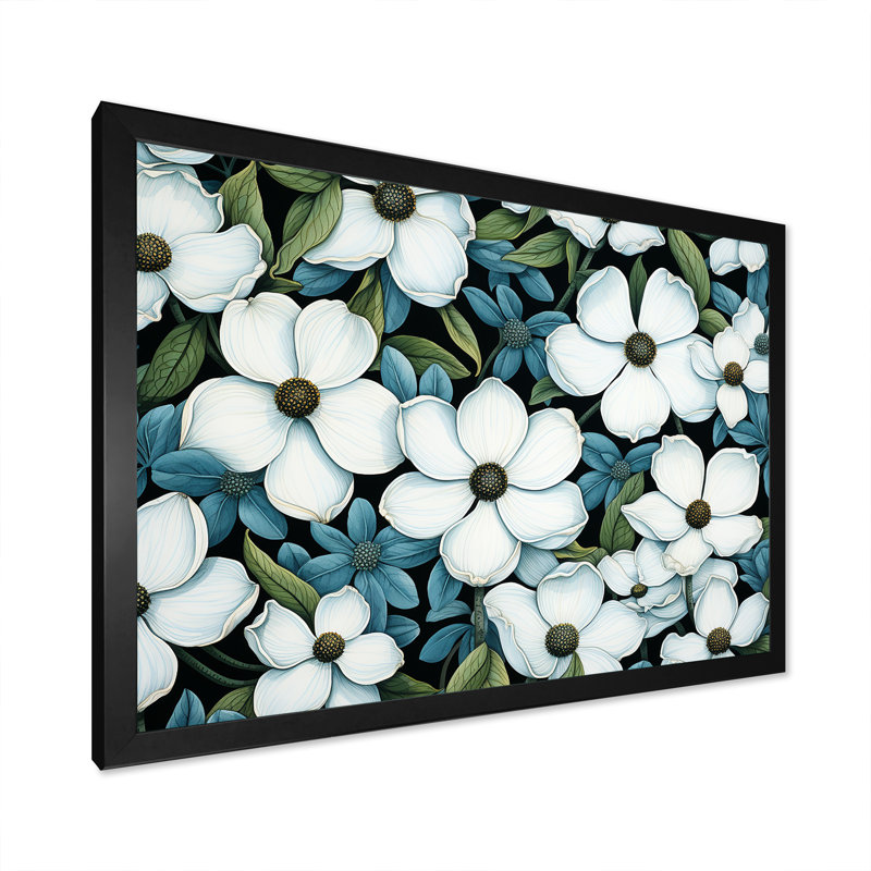 Tranquille blanc cornouiller I - art mural cornouiller, Cadre d'angle fermé noir, H 12 po x l 20 po x P 1 po