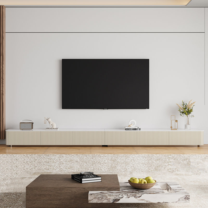142" Beige Wood Patchwork Marble Countertop TV Storage Cabinet, 6 Drawers, 10.2”H x 141.6”L x 15.75”W