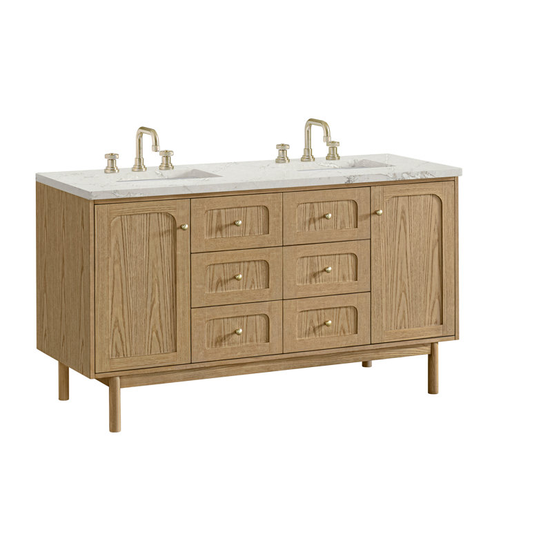 Laurent 60" Double Vanity, Light Natural Oak W/FreePower Wireless Charger, Victorian Silver, Light Natural Oak