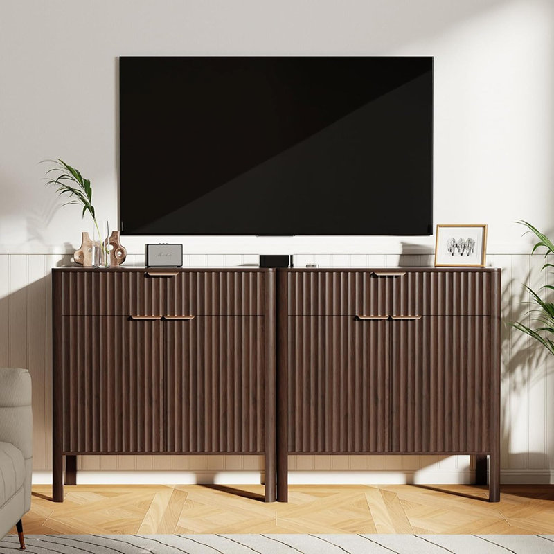 Buffet moderne à cannelures avec tiroir, crédence en noyer