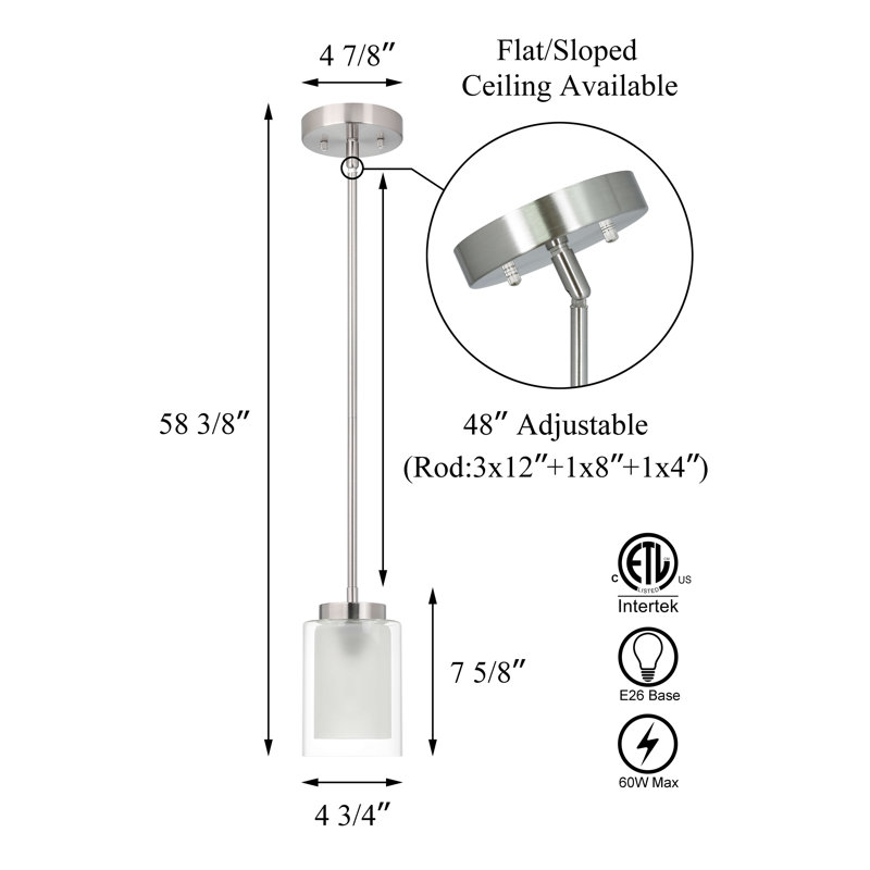 Mini luminaire suspendu 1 lumière avec double verre suspendu, Nickel brossé