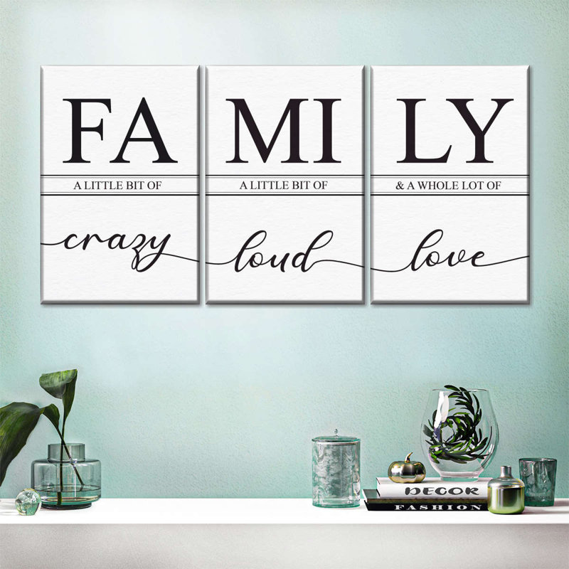«Crazy Loud Love Family» - Toile tendue 3 pièces, H 12 po x l 26 po x P 1 po