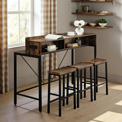 4-Piece Bar Table Set,Farmhouse Sofa Table With Storage Shelves,Charging Station & LED Lights And 3 Curved Saddle Stools