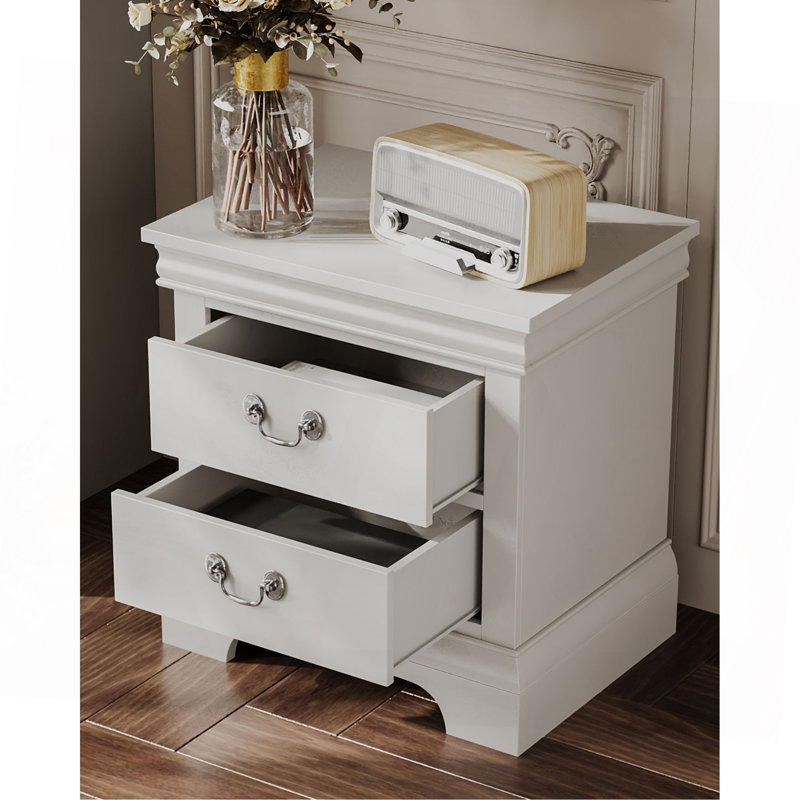 Table de chevet en bois classique, 2 tiroirs de rangement, L 22 po, bois massif, Blanc
