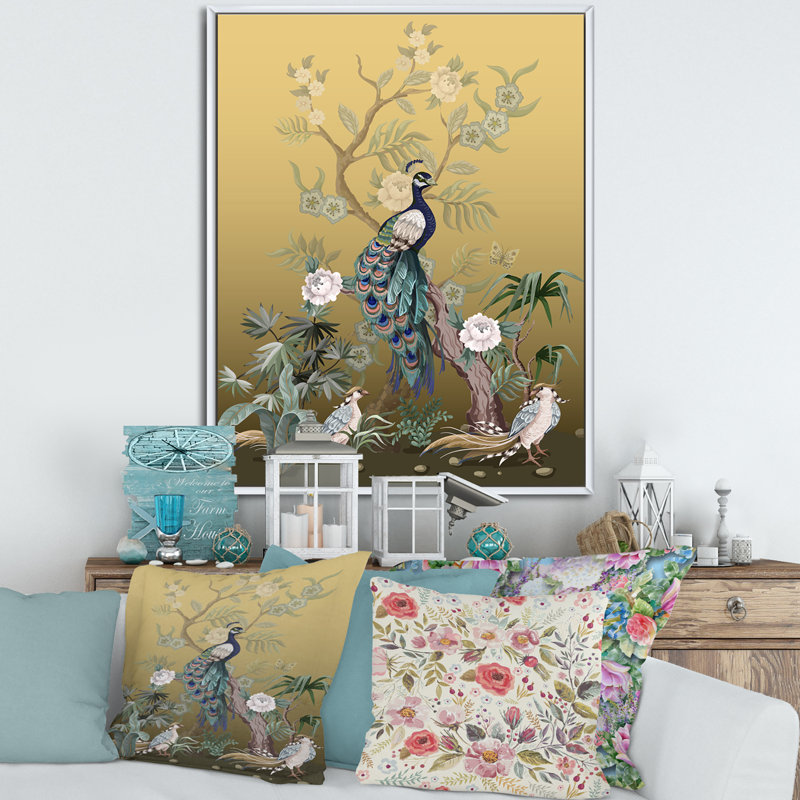 Chinoiserie avec oiseaux et pivoines VI - peinture sur toile, H 20 po x l 12 po, Reproduction avec cadre flottant, Blanc