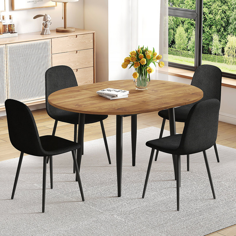 Table de salle à manger ronde extensible avec plateau en panneau de fibres à densité moyenne et chaises en lin et en coton, parfaite pour les réunions de famille et les soupers