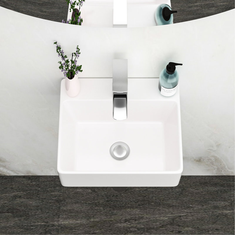 White Ceramic Wall Mount Bathroom Sink, 13.6L X 11.6W 4.8H, Single Faucet Hole, Smooth Polished Surface, Acid , Modern Design, Installation Guide 13.6X11.6 Inch Rectangle Stain Low Water Absorption,