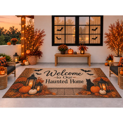 Tapis d'extérieur 152 x 213 cm, motif Halloween chat noir et citrouilles, imperméable, en PVC bouclé, résistant et à séchage rapide, idéal pour porche, terrasse, balcon ou entrée.