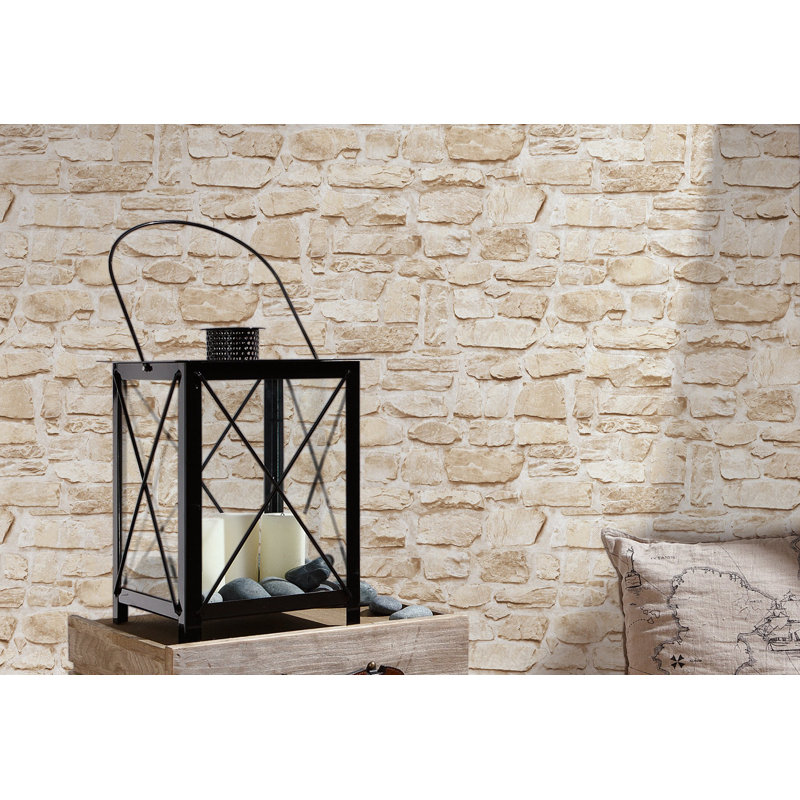 Bricks and More Collection Stone Symphony Motif Wallpaper Roll, Cream