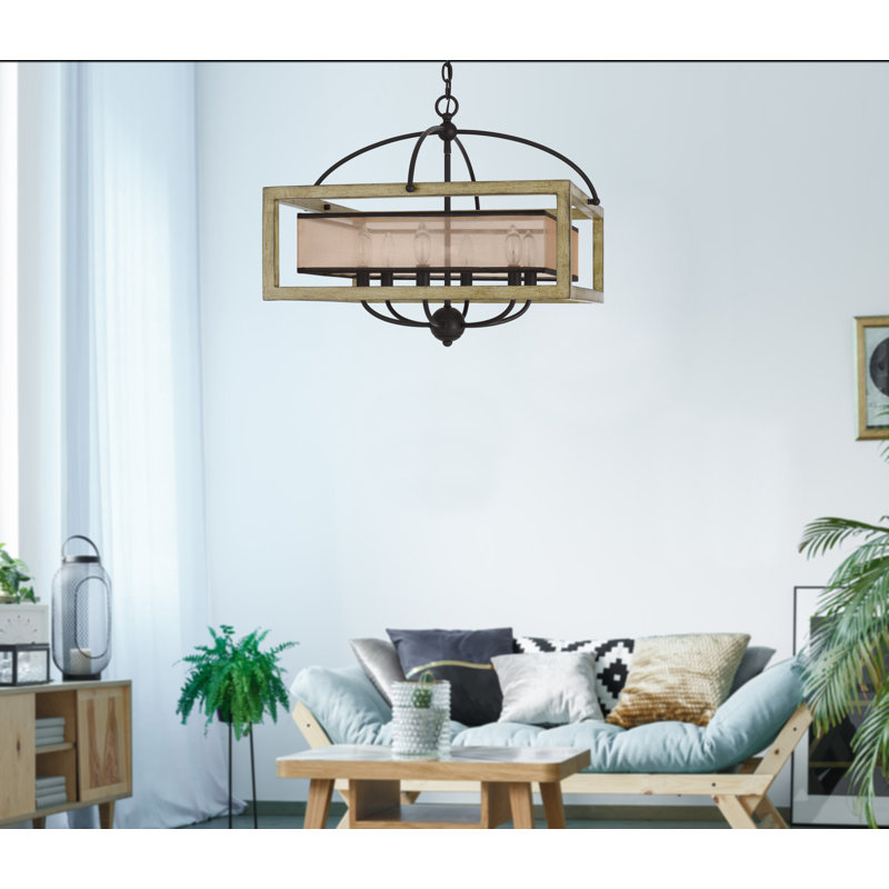 Lustre rectangulaire à 6 lumières avec détails en bois