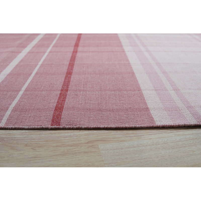 Durable and Stylish Hand-Knotted Plaid Flat Weave Striped Wool Rectangular Pink Area Rugs, Rectangle 7'9" x 9'9"