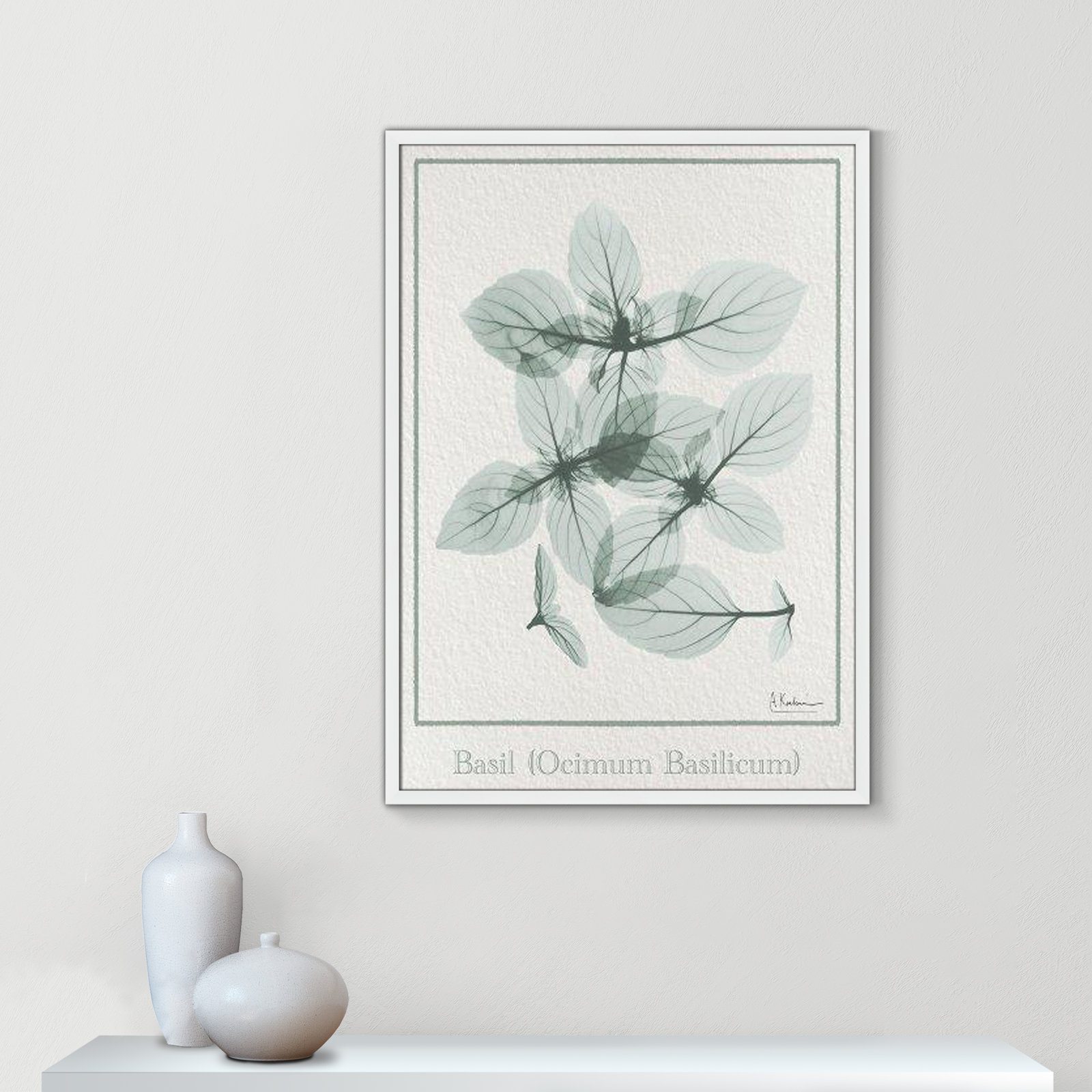 Jeanette "Basil Ocimum Basilicum" Painting, 35.5" H x 25.5" W x 1.25" D, Satin White Framed Paper