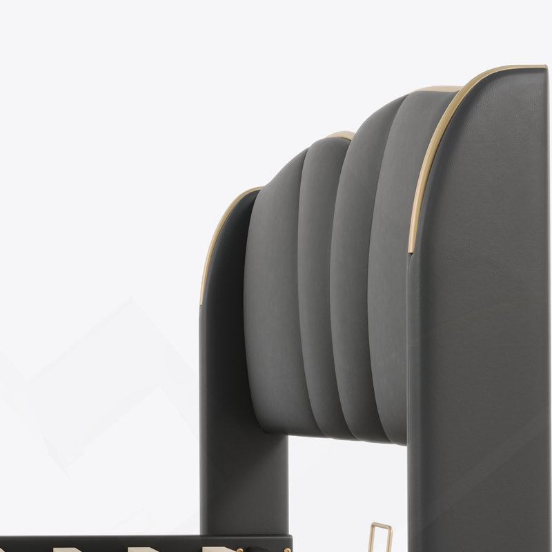Cadre de lit tapissier grand en cuir, cadre de lit moderne avec tête de lit à oreilles, lit plateforme tapissier avec pied de lit ondulé, sans sommier, noir