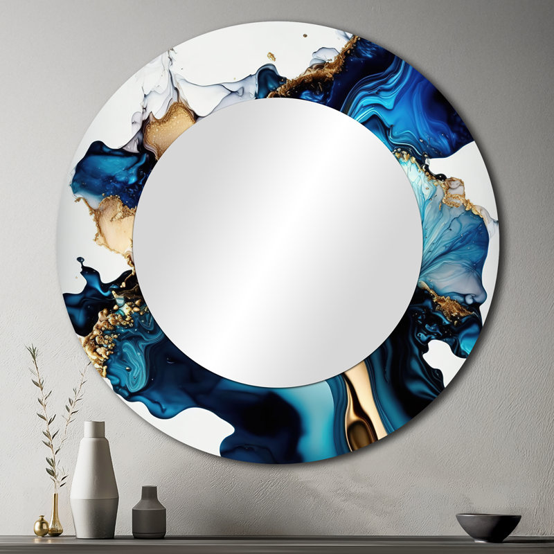 «Palozie» marbre abstrait Geode Blue II - miroir mural en marbre, miroir décoratif rond bleu, impression d'art en métal