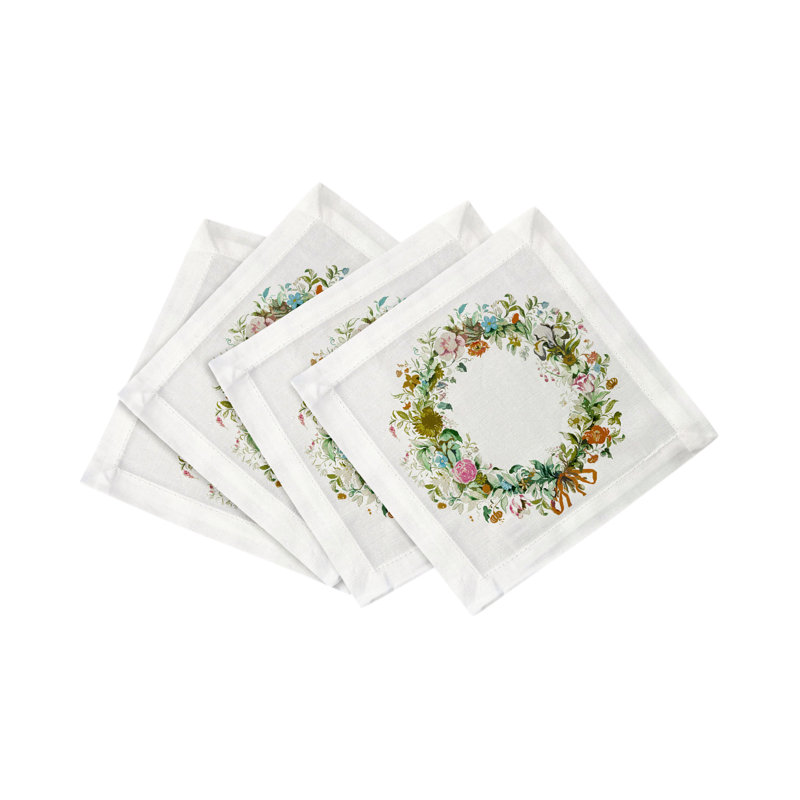 Wreath Flowers Cotton Sateen Cocktail Napkins, Gold