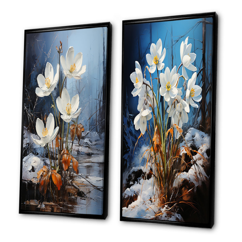 «Green Snowdrops Winter Flowers - Snowdrops», ensemble de 2 décorations murales, H 28 po x l 25 po, Cadre flottant noir