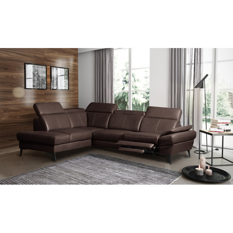Genuine Leather Reclining Corner Sofa with Adjustable Headrests and Adjustable Armrest and Storage, Left Hand Facing, Brown