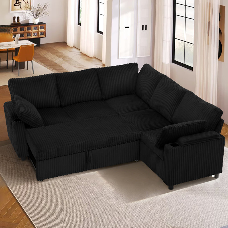 85" Corduroy Modular Corner Sofa With Usb Ports, Sectional L-Shaped Pull Out Sofa Bed For Living Room, House, Black